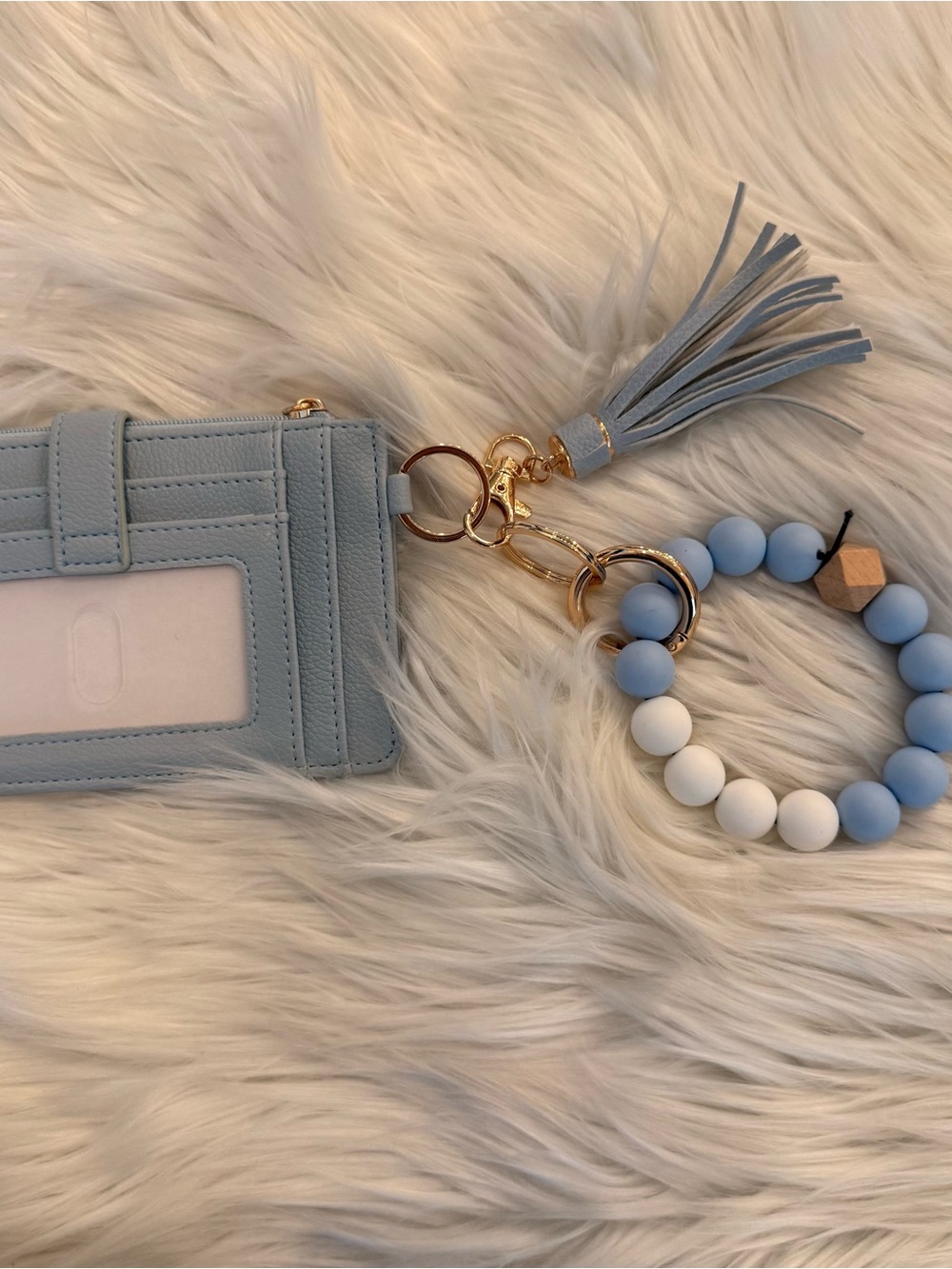 Light Blue Leather Cardholder Wristlet with Tassel and Beaded Bracelet